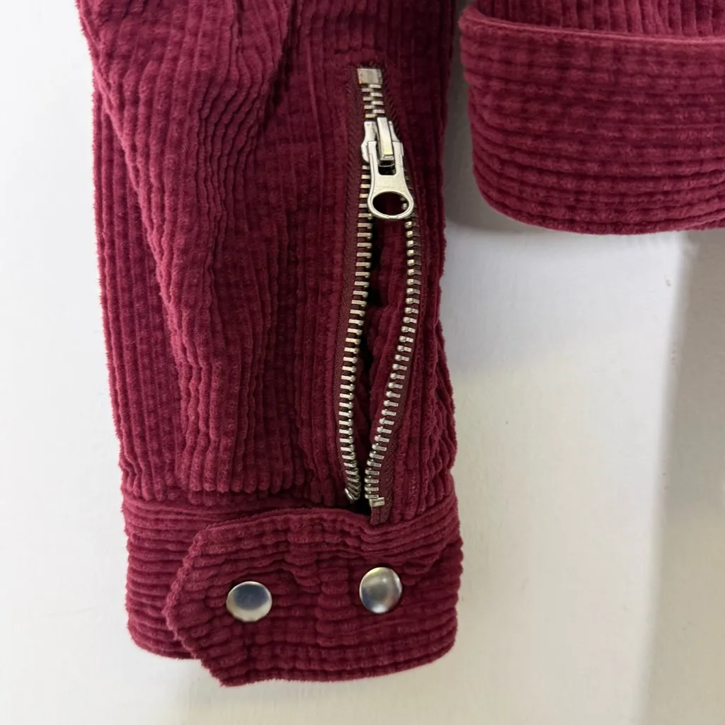 Free People Corduroy Moto Jacket Burgundy Cropped Belted Zip Front Size Small - Image 4