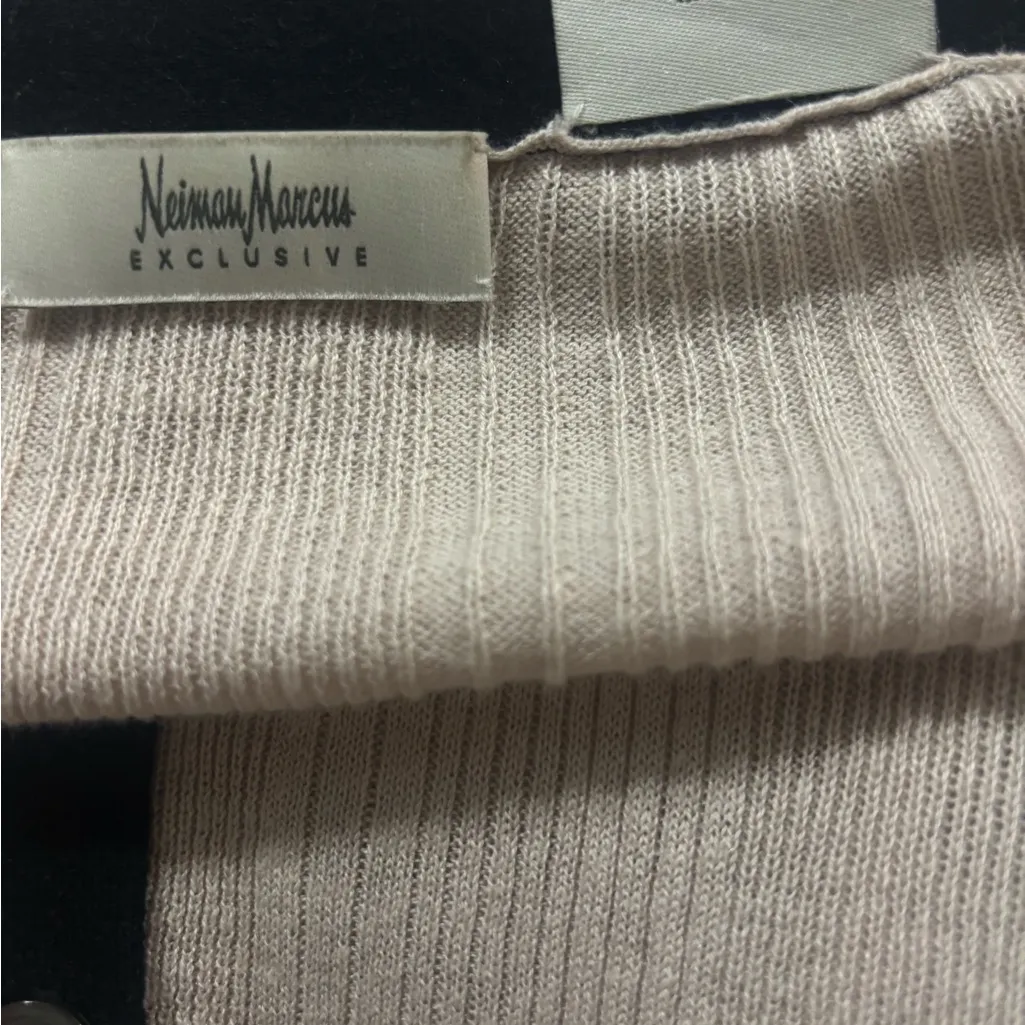 Neiman Marcus Silk Linen Ribbed Cardigan Beige Black Trim Neutral Scandi Size M - Image 5