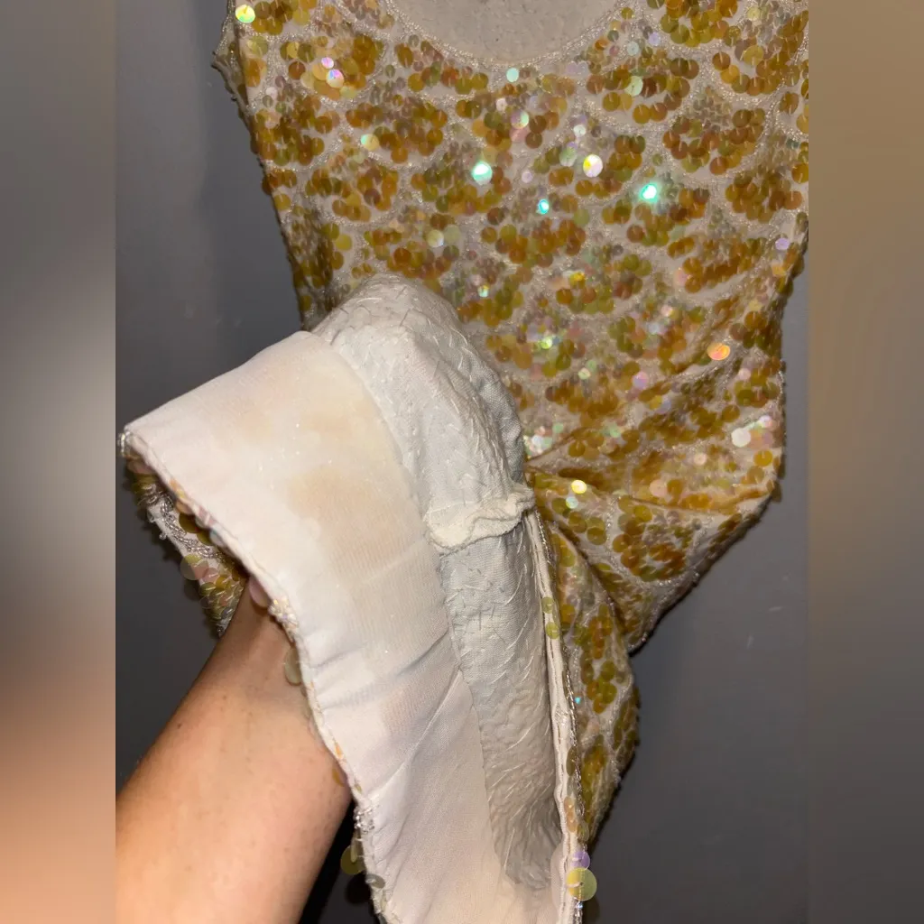 Iridescent Vintage Hand Sequined Beaded Embellished Stretch Dress New Years Eve Gold Size XS - Image 8