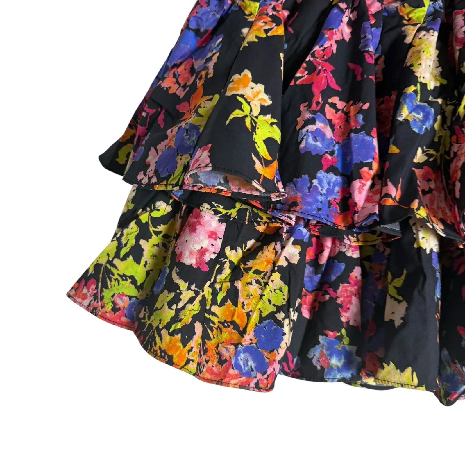 Caroline Constas Reign Black Multi Floral Tiered Ruffle Belted Mini Skirt M Size M - Image 4
