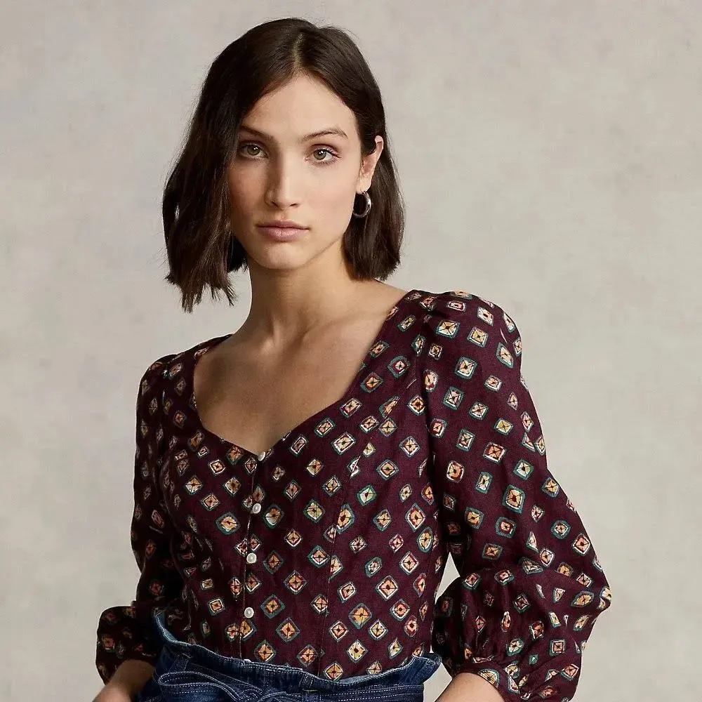 Polo Ralph Lauren Block-Print Linen Button-Front Top Size‎ 12 - Image 5