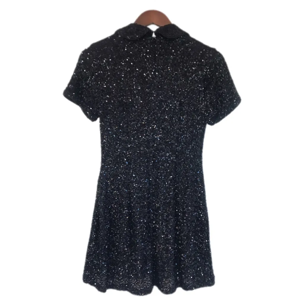 MABLE Anthropologie Black Sequin Mod Mini Dress Peter Pan Collar Party Small New - Image 3