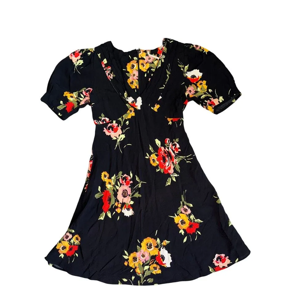 Free People Womens Floral Print Puff Sleeves Mini Dress Black Size 2 - Image 5