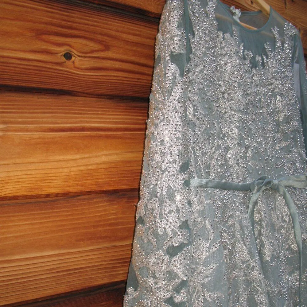 MAC DUGGAL 20337 Womens Embellished Bow Belt Illusion Long Sleeve A Line Dress - Image 10