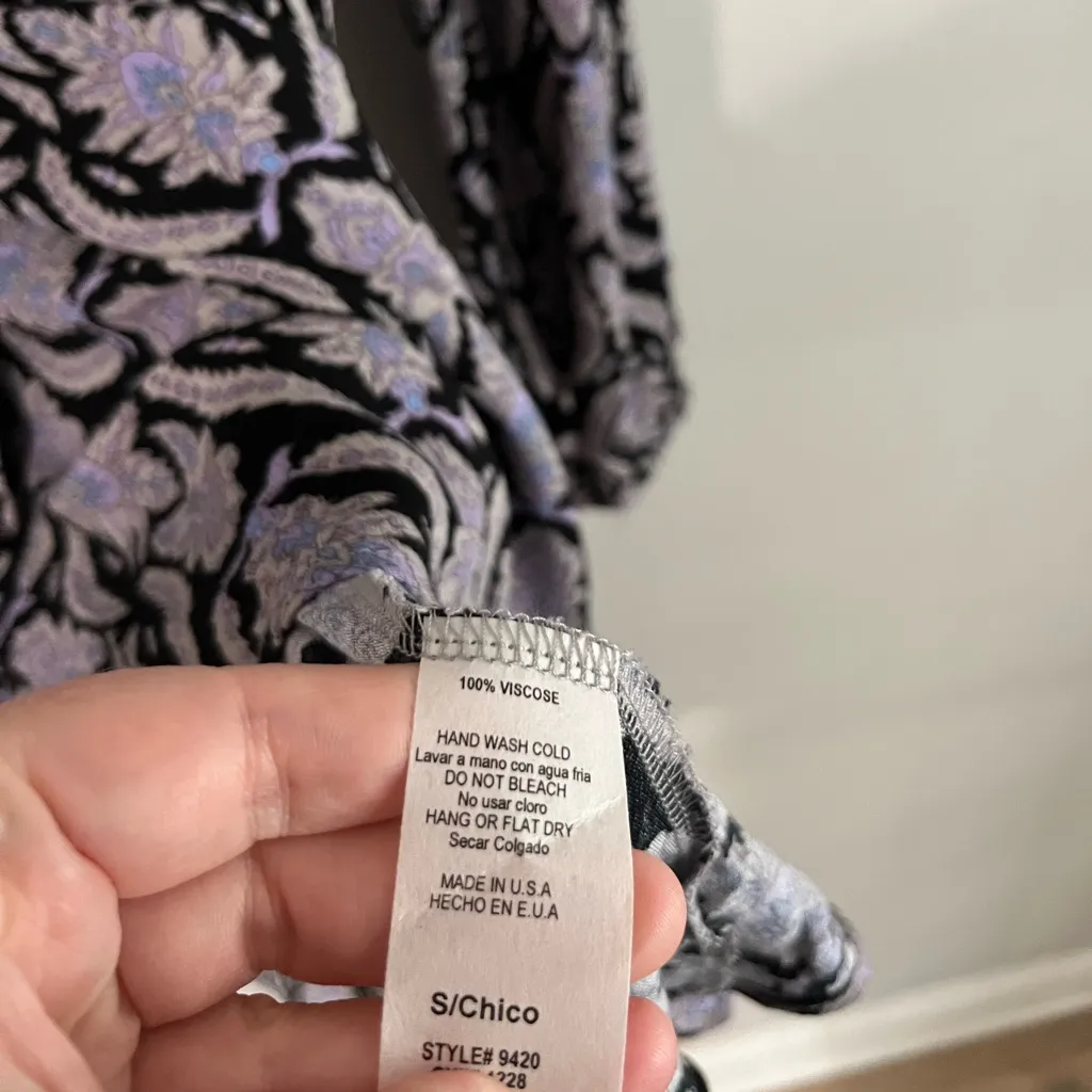 Lani California Boho Floral Tie Neck Mini Dress Tunic Black Purple Paisley S - Image 8