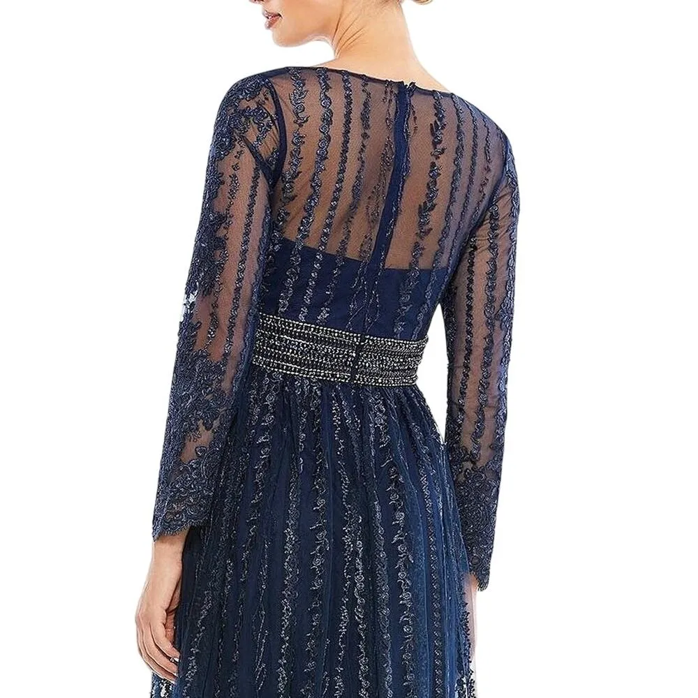 Mac Duggal NWT Mesh V-Neck Sheer Sleeve Beaded Belt Sequin Gown in Navy Size 4 - Image 4