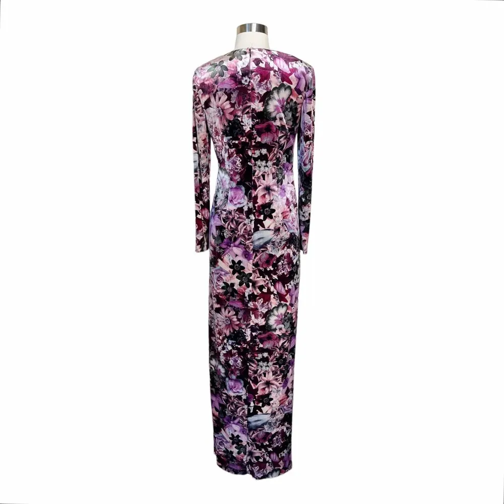 AIDAN MATTOX Velvet Dress Floral Maxi Stretch Multicolor Pink Long Sleeve 6 NWT - Image 2