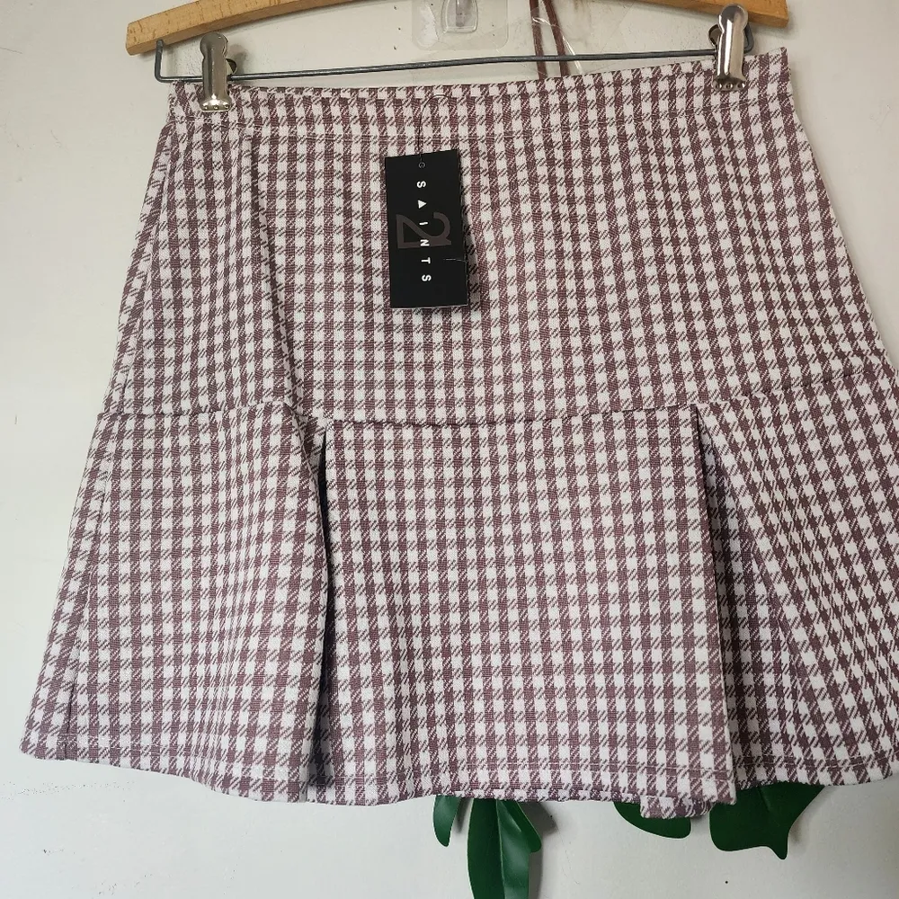 Saints 21 Taupe White Houndstooth Pleated Mini Skirt NWT Size undefined - Image 3