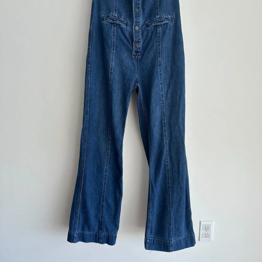 Free People Denim Jumpsuit 8 Blue Flared Halter One Piece Low Back 70s Retro - Image 5