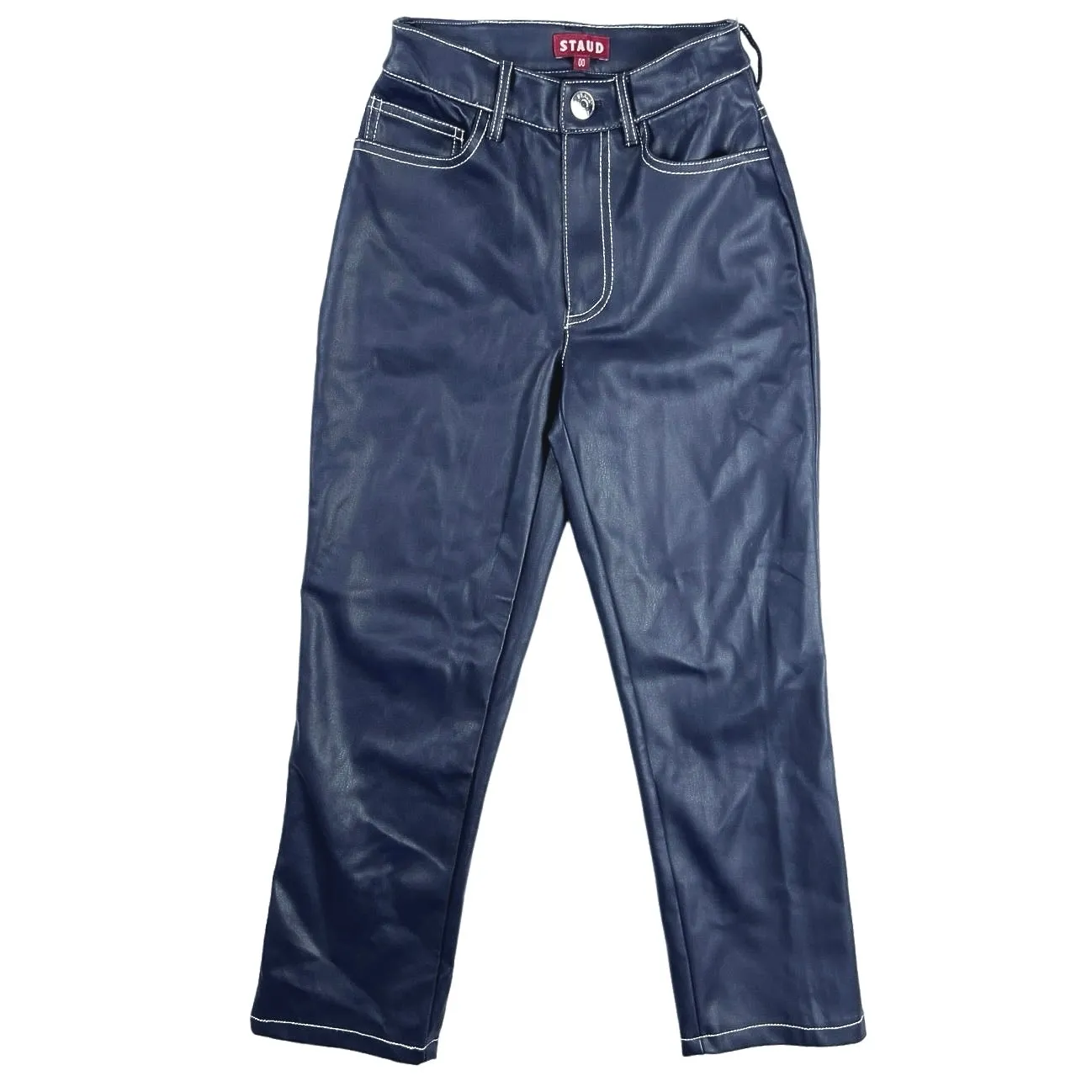 Staud Elliot Blue Vegan Leather High Rise Cropped Flared Casual Pants Size 00 - Image 3