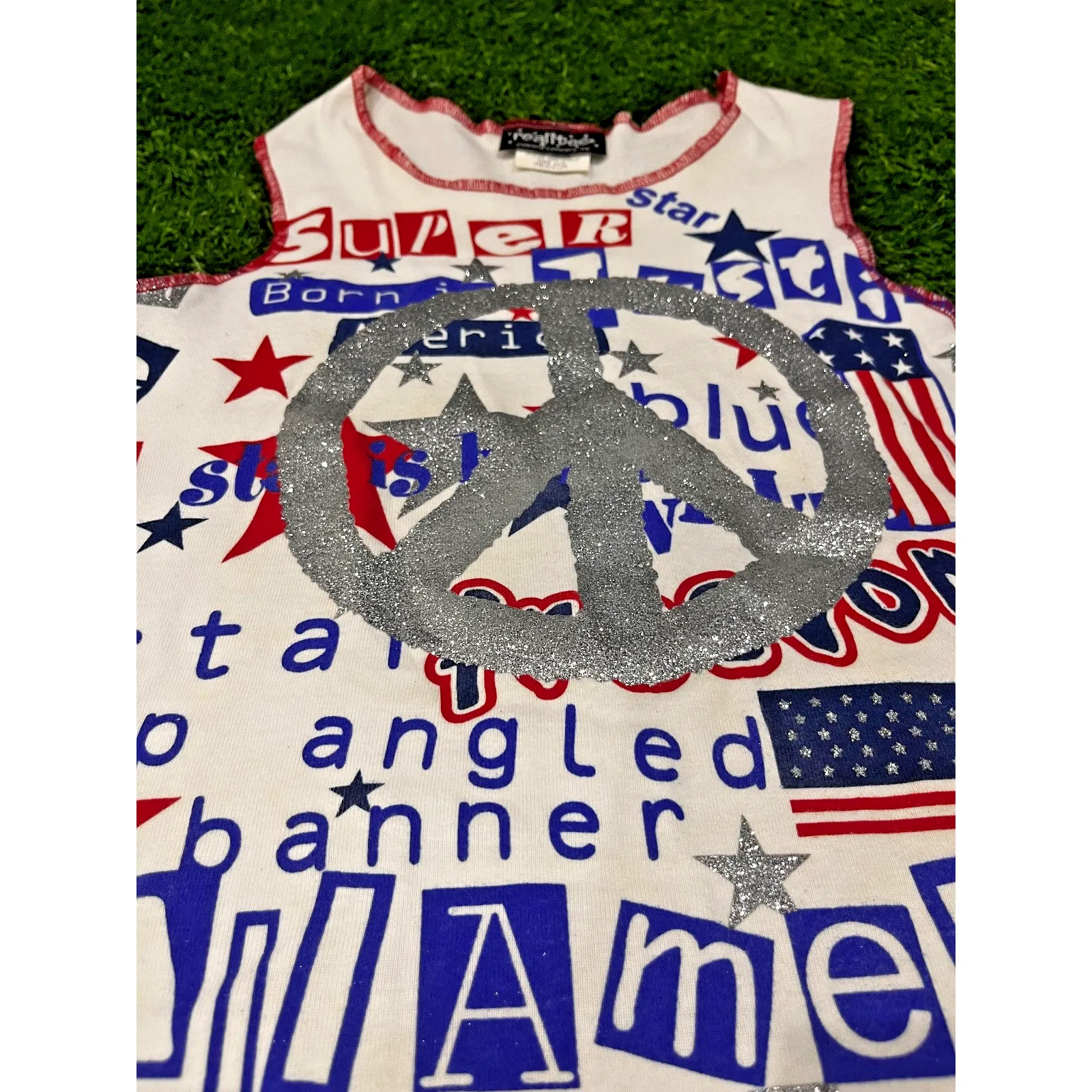 Realitee Y2K USA Patriotic Peace Sign Tank Top Glitter Stars Stripes Made USA M White Size M - Image 2