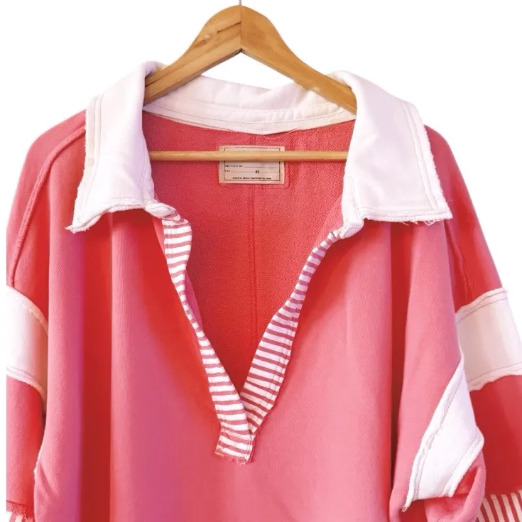 FREE PEOPLE We The Free Pink Clean Prep Polo Long Sleeve Oversized Size M - Image 6