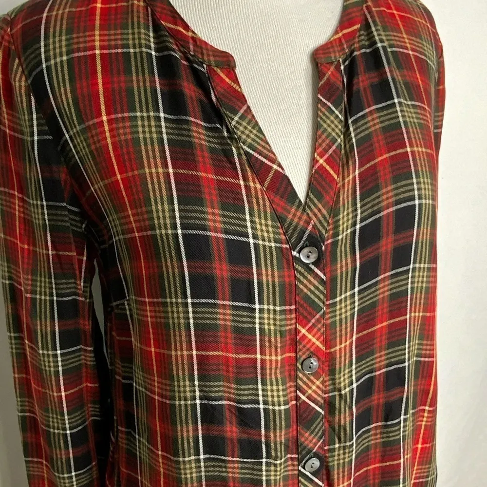 J Jill Long Sleeve Red & Black Plaid V Neck Casual Long Sleeve Top XS - Image 3