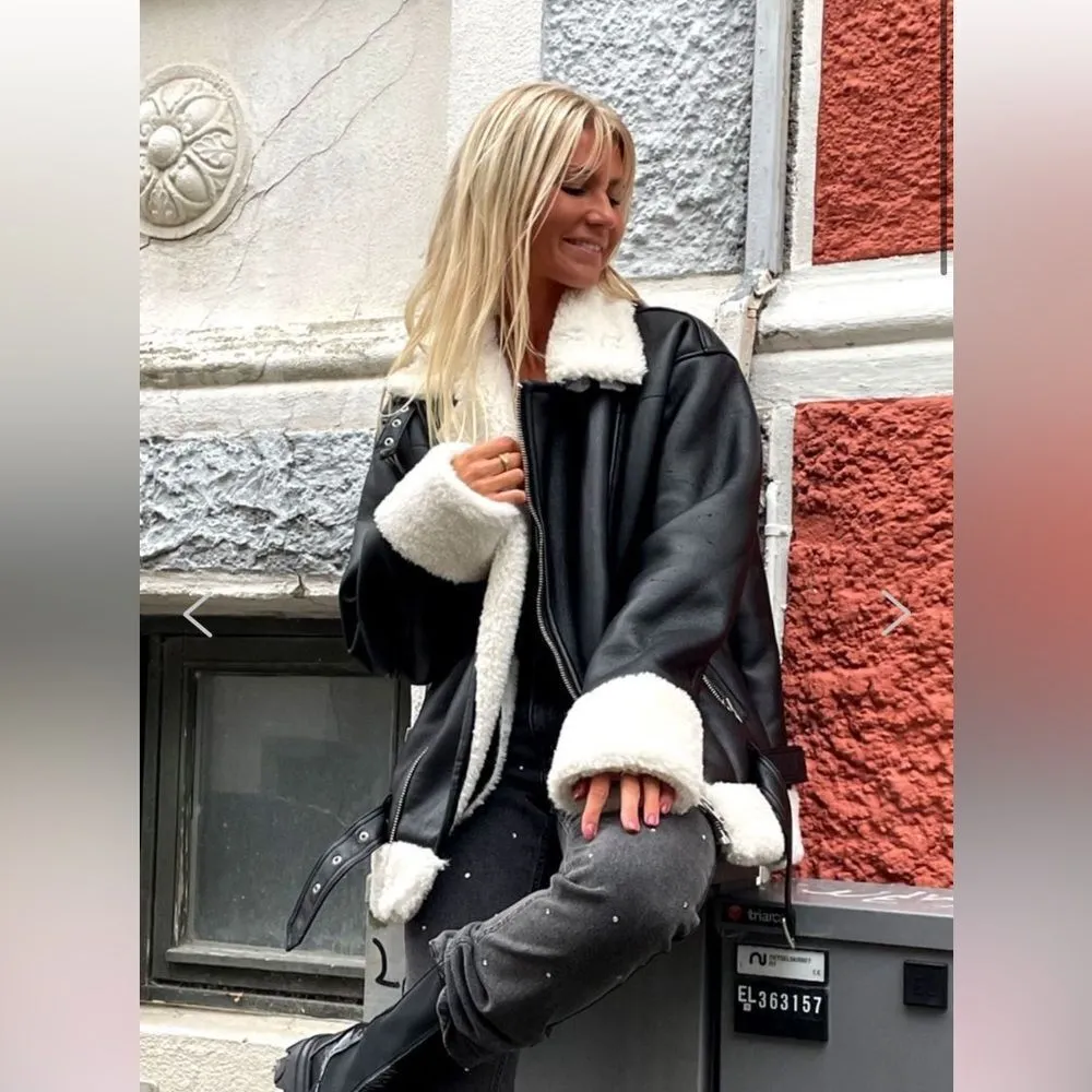 OW Collection STOCKHOLM JACKET Faux Leather Shearling Lined Biker Black M Size M - Image 2