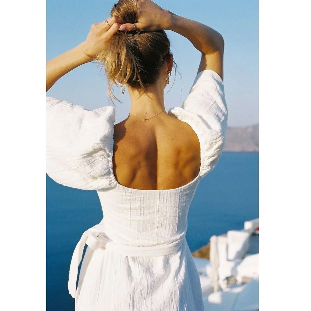 Sabo Cora Textured Cotton Puff Sleeve Midi Wrap Dress in White Size XS NEW - Image 4