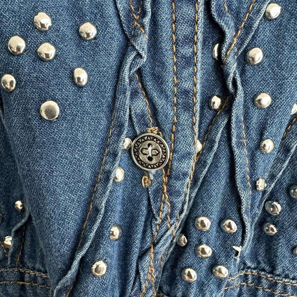 Vintage Denim Shirt Womens 1X Western Studded Button Up Overcoat Ranch Prairie Blue - Image 6
