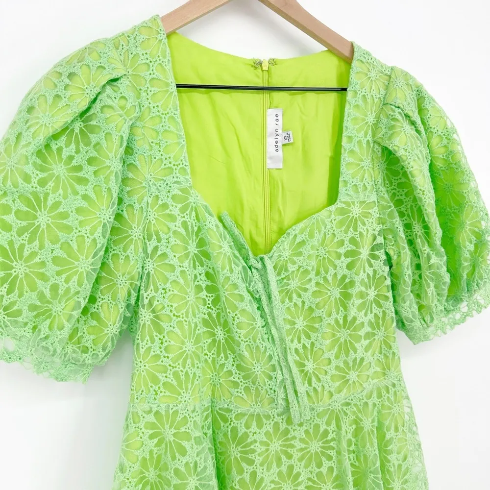 Adelyn Rae Floral Embroidered Puff Sleeve Mini Dress in Lime Green Women's XS - Image 3