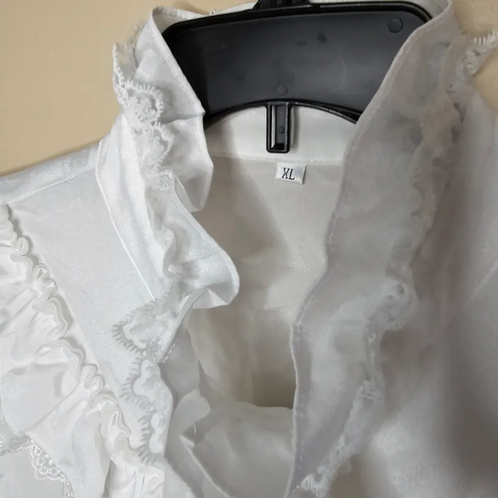 Victorian Gothic Lolita Renaissance Vintage Long Sleeve Ruffle White Shirt Size XL - Image 6