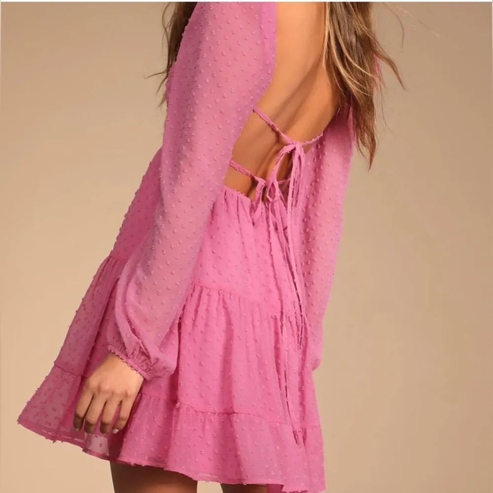 Lulus Longing And Love Pink Swiss Dot Puffed Long Sleeve Mini Dress Medium - Image 2