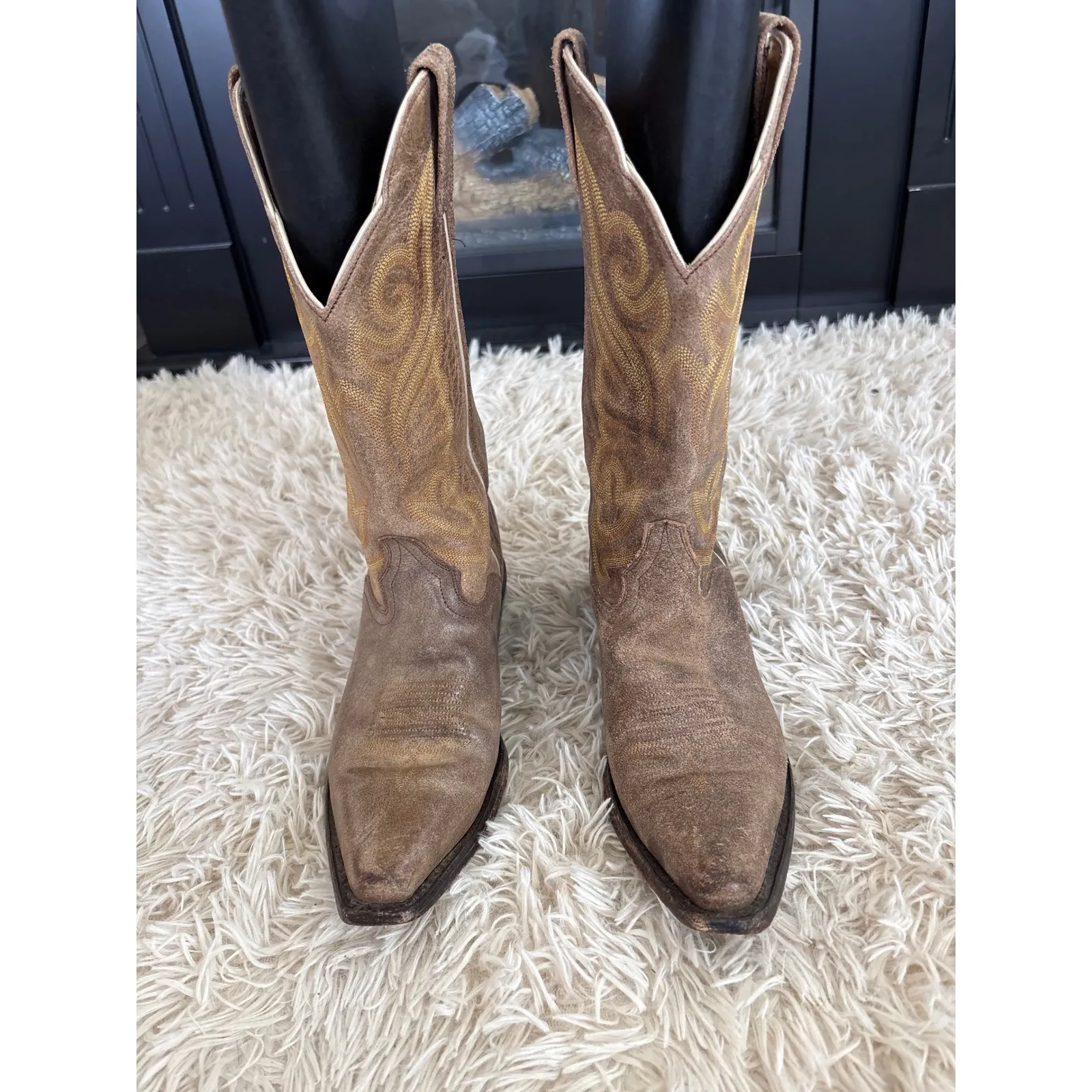 Vintage J B Dillon Western Cowboy Boots Tan Leather Embroidered Women Sz 8.5 Brown - Image 2