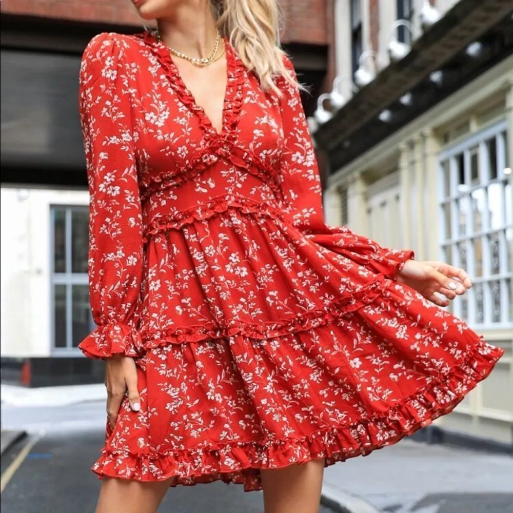 ✨2xHP✨Flounce Sleeve Backless Frill Floral Dress✨ Red Size XS - Image 4