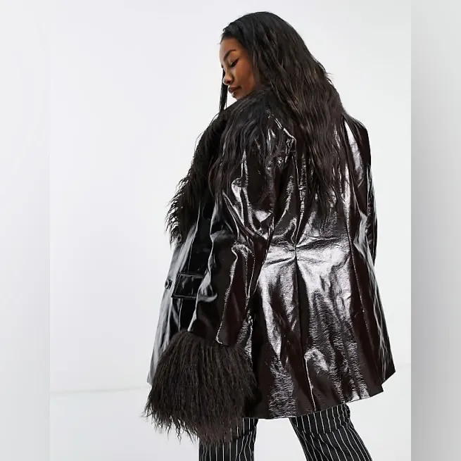 ASOS Collusion Red Brown Patent Leather Faux Fur trimmed Coat size 8 - Image 3