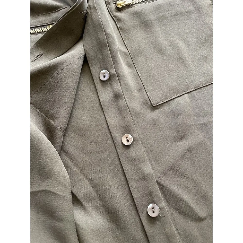 $295 Theory Women’s 3/4 Sleeves Button Down blouse 100% Silk Olive Green Sz P - Image 7