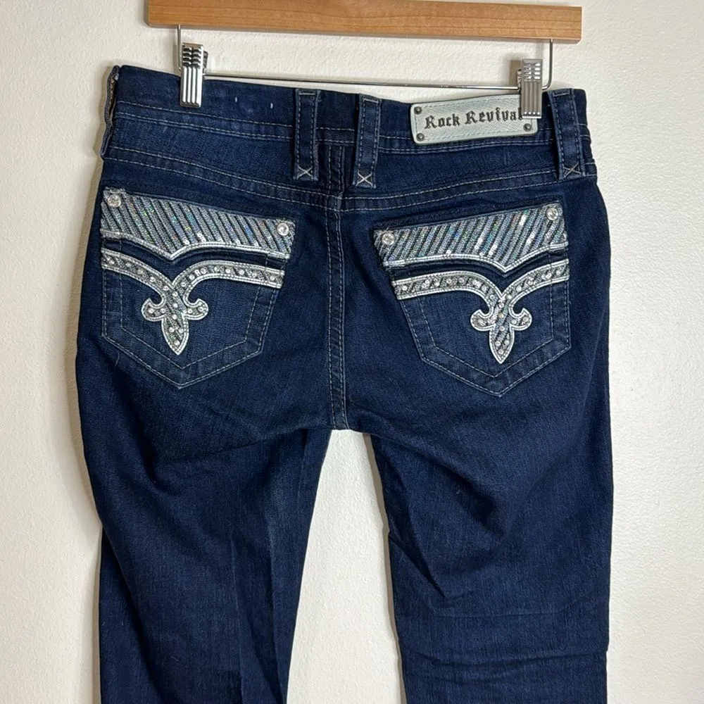 Rock revival ladies bootcut klarry bling pockets dark wash jeans size 28 - Image 9