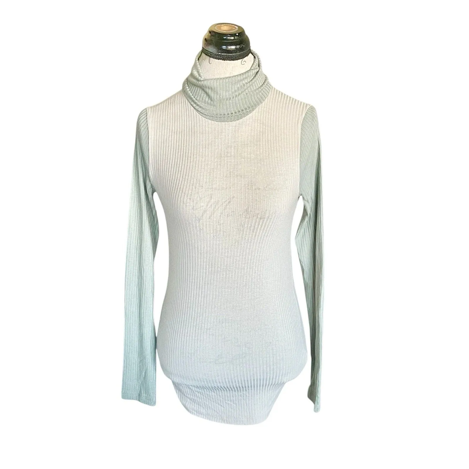 Madewell Womens Blouse Sz XS Turtleneck Green Ribbed Mock Neck Minimalist Preppy - Image 2