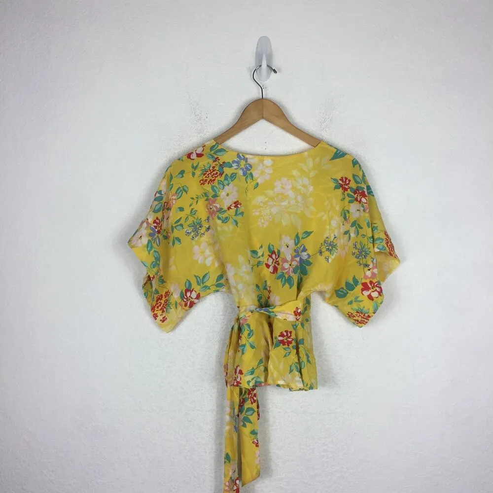 Anthropologie Yumi Kim Yellow 100% Silk Kimono Top XS That's A Wrap Happy Days - Image 12