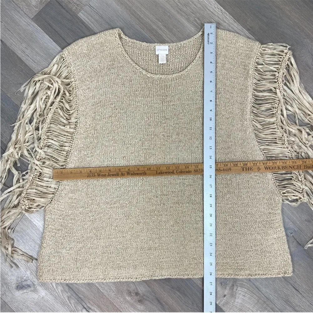 Chico’s Fringe Sleeve Boho Western Tarrin Tape Knit Poncho Sweater Tan Large XL - Image 11