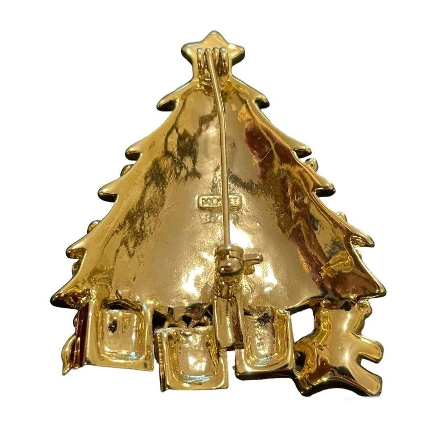 Monet Vintage Brooch Pin Christmas Tree Bear Presents Rhinestone Gold Tone EUC - Image 3