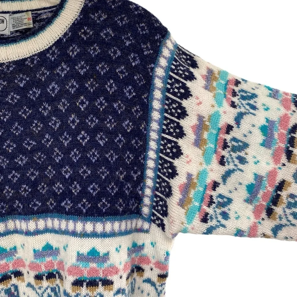 Vintage Western Connection Wool Acrylic Fair Isle Cable Knit Sweater Blue Size M - Image 6