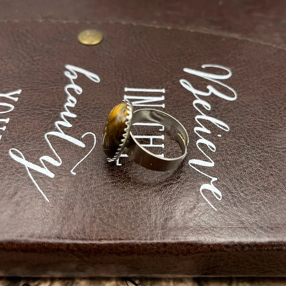 Handcrafted Brown Oval Tigereye Gemstone Cabochon Steel Adjustable Ring - Image 4