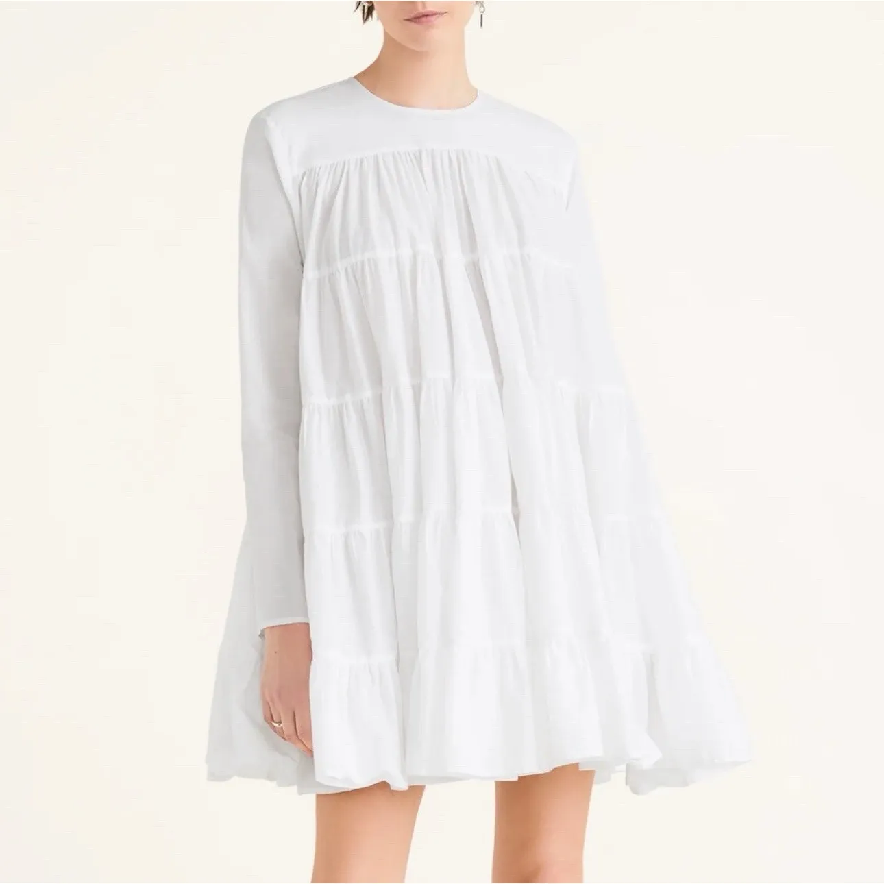 Merlette Soliman Mini Dress White Tiered Trapeze Long Sleeve‎ Cotton Sz S - Image 4