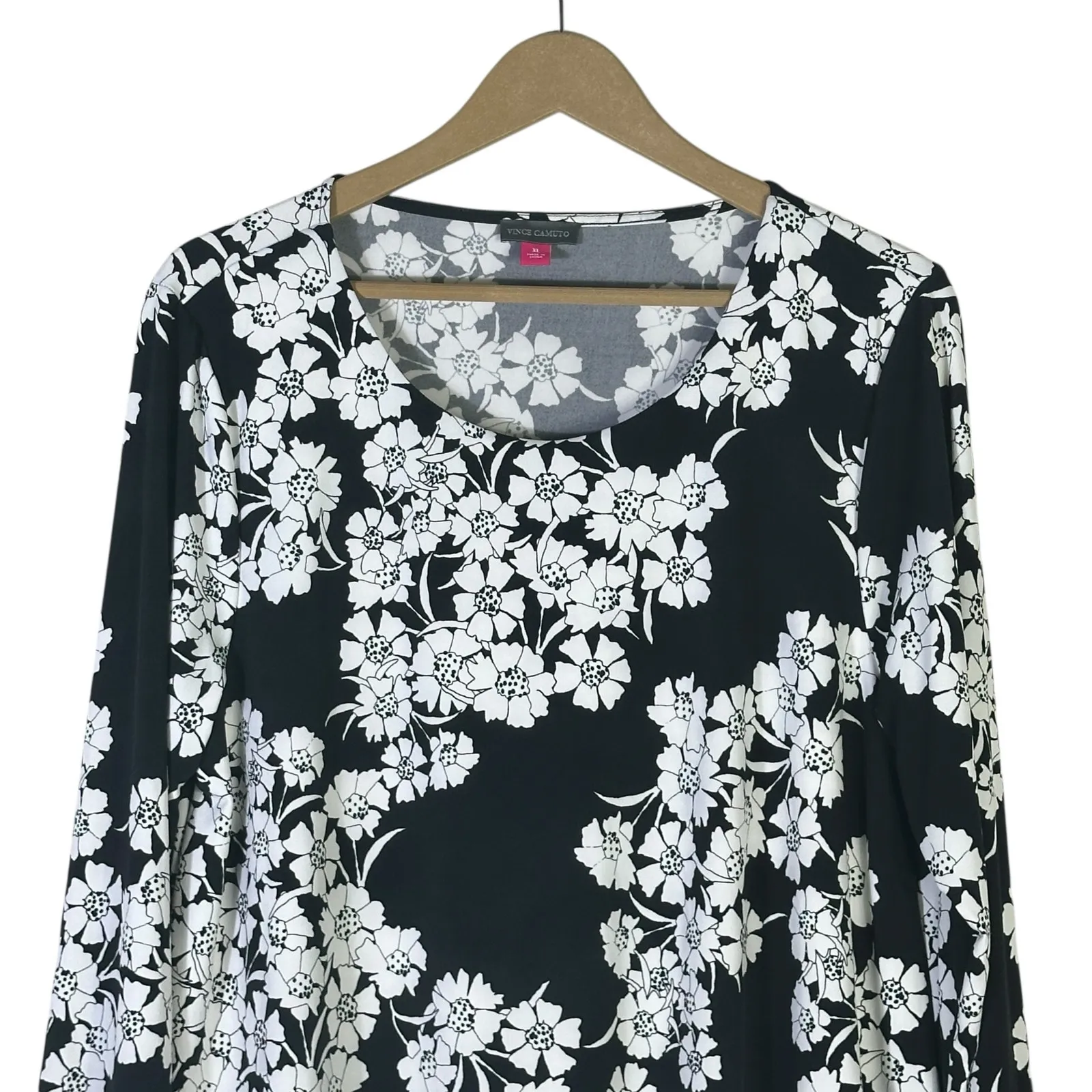 Vince Camuto Tunic Top Womens XL Black White Floral Stretch 3/4 Sleeve Modest - Image 3