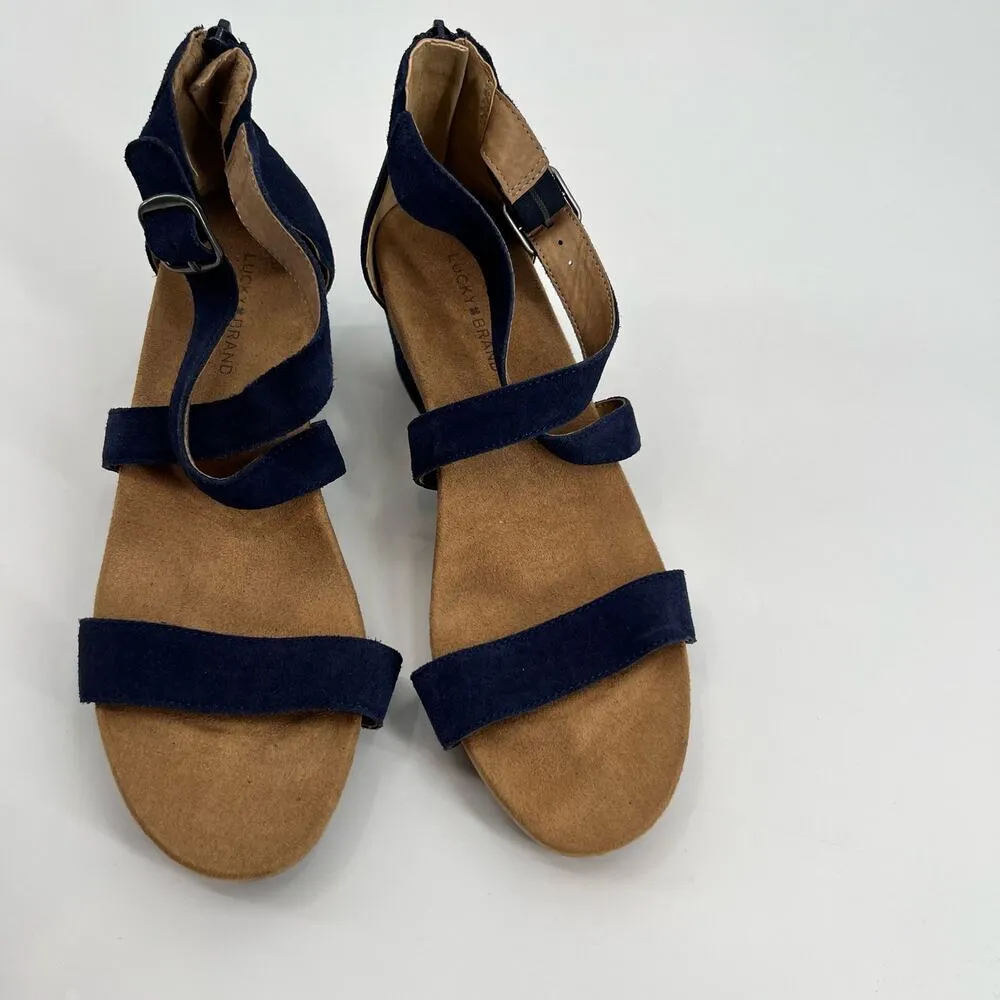 Lucky Brand Women's navy blue Kenadee Wedge open toe leather Sandal Size 9 - Image 6