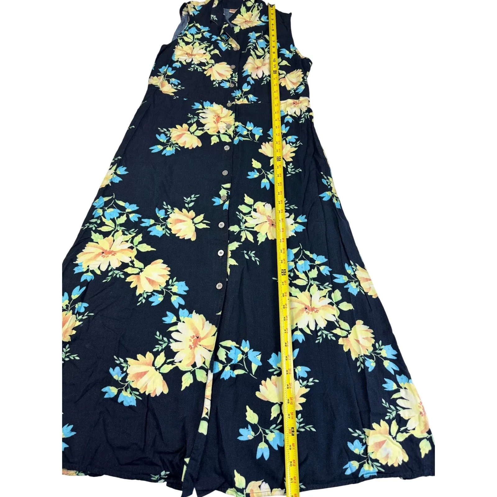 Original Island Sports Floral Sleeveless Button Down Maxi Dress Size 14 Rayon Black - Image 4