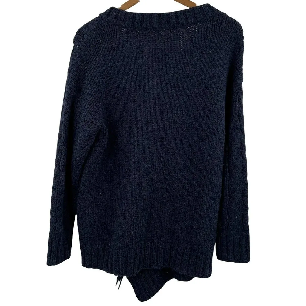 Lou & Grey Navy Blue V Neck Fringe Detail Cable Knit Asymmetrical Hem Sweater S - Image 3