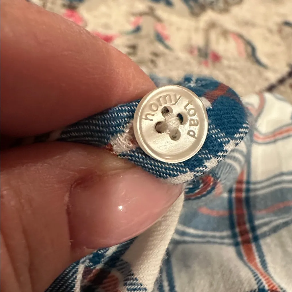 HORNY TOAD mixologist blue white red plaid button down tunic cinch back shirt XS - Image 7