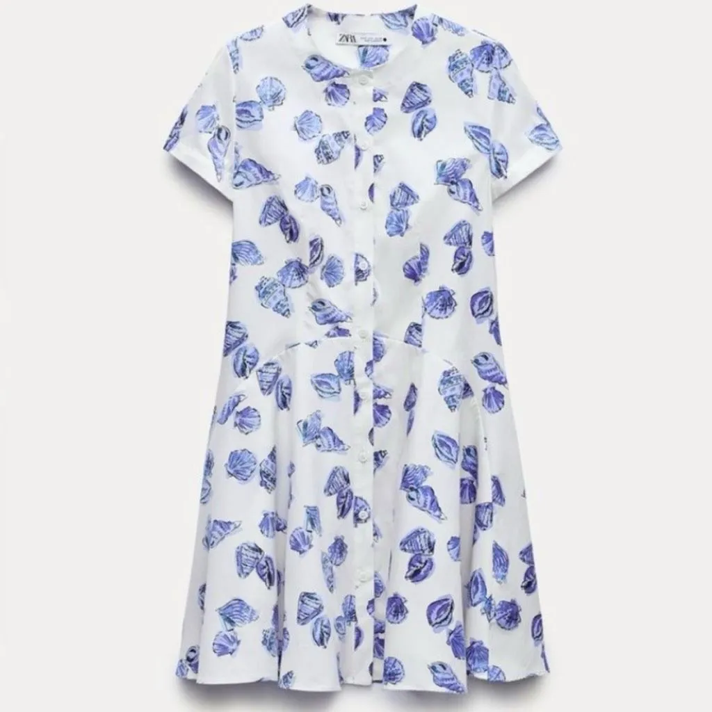 Zara NWT white and blue seashell print cotton dress small - Image 3