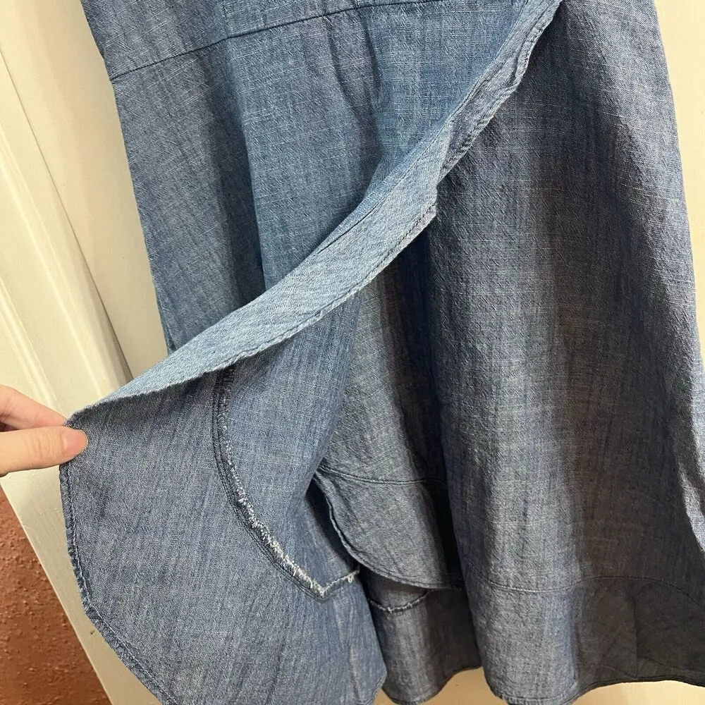 J. Crew Size 0 Denim Chambray Faux Wrap Ruffle Dress Tie Bow Cap Sleeves - Image 7