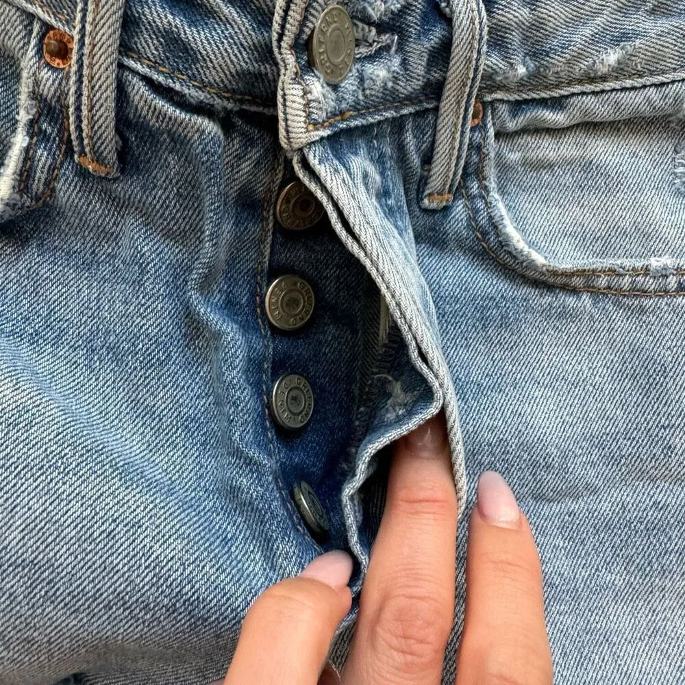 GRLFRND Helena High Rise Button Fly Jean Shorts in Haggard Wash Frayed Size 24 - Image 3