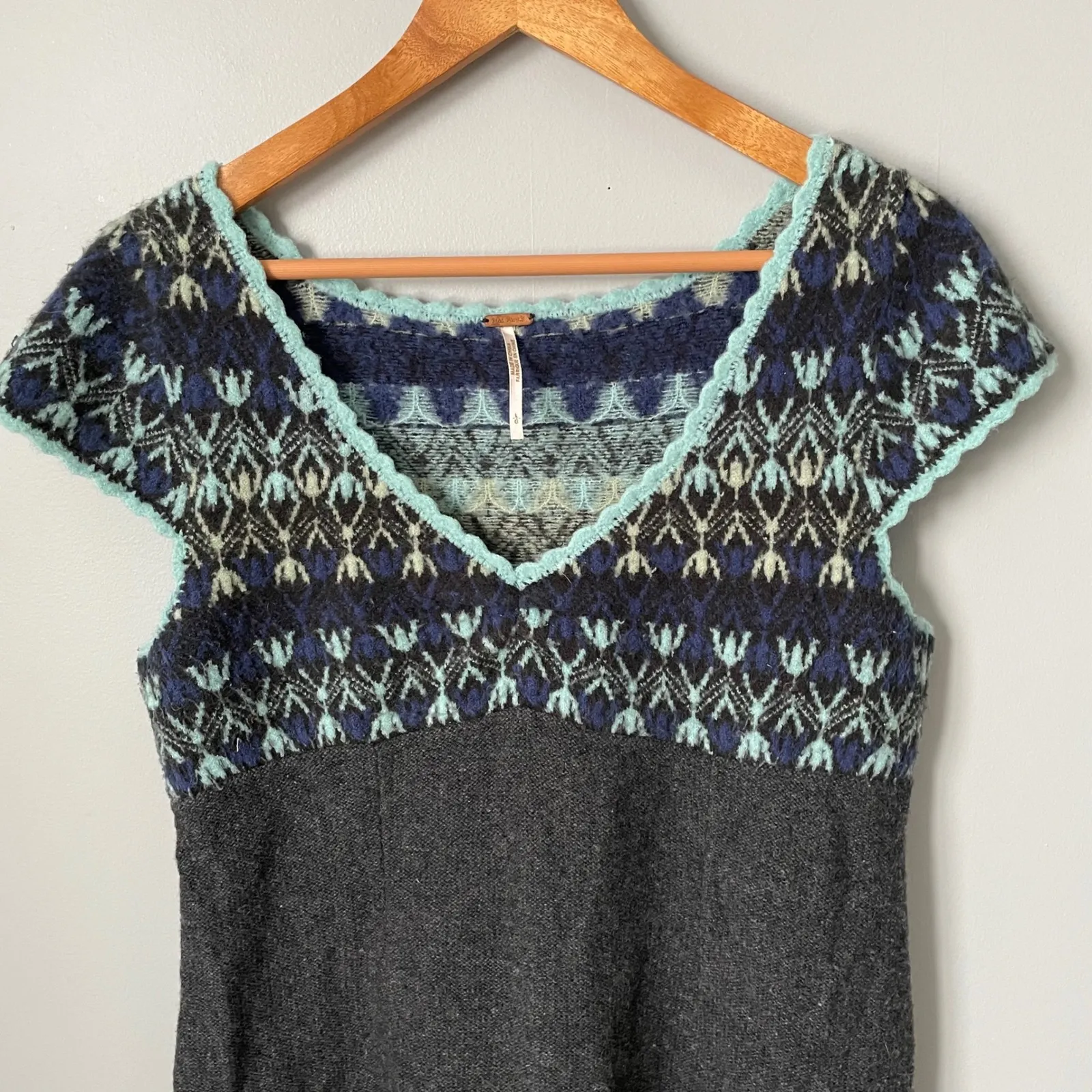 Free People Wool Knit Fair Isle Sweater Dress Teal Blue Charcoal Gray Size Large - Image 5
