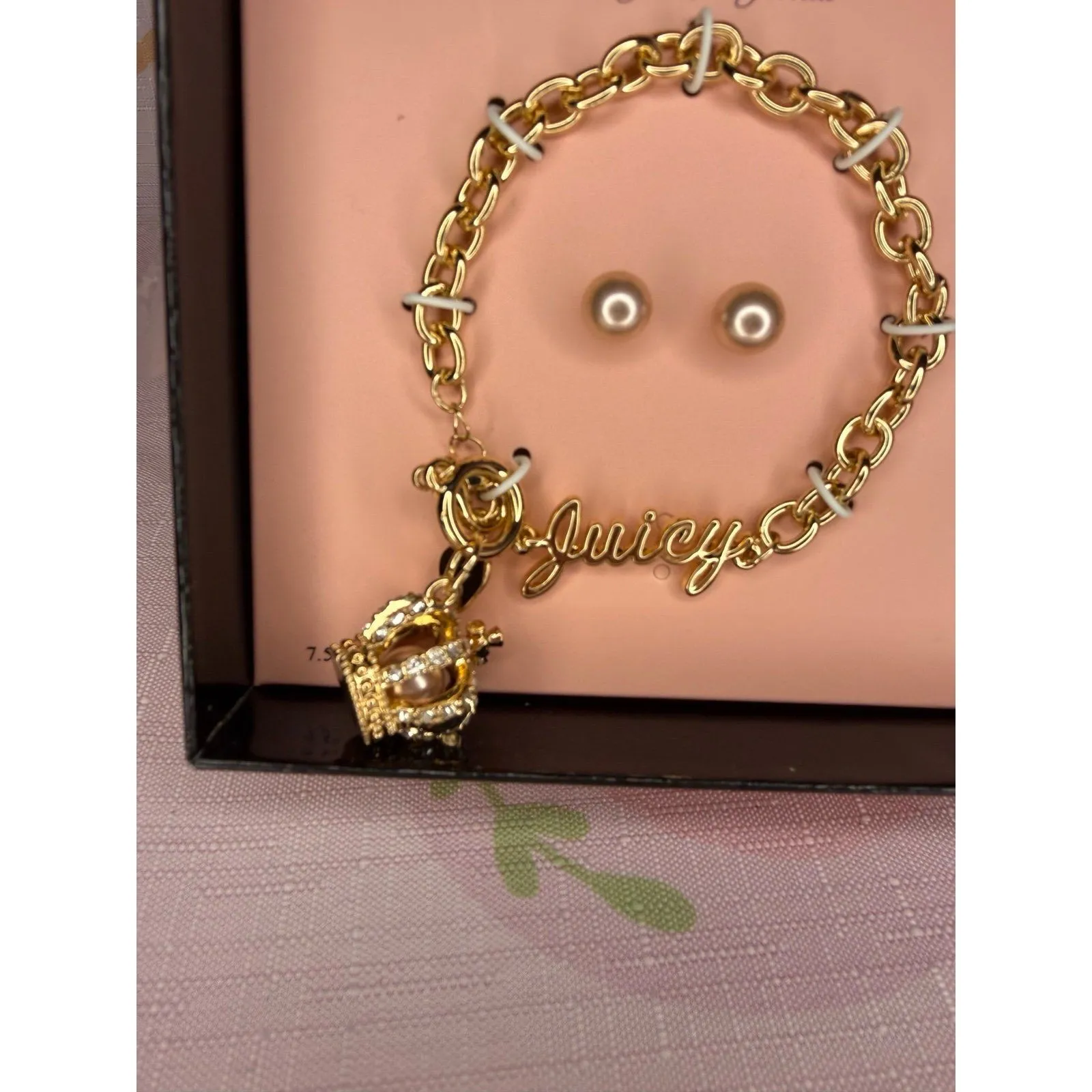 Juicy Couture Crown Bracelet and Faux Pearl Earrings Set - Image 2