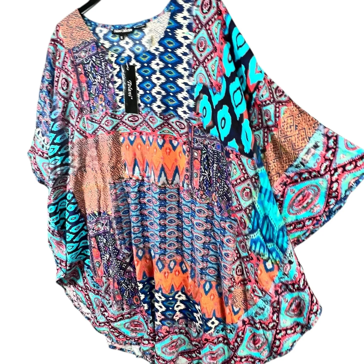 Tolani Caftan Tunic Top Womens XL Blue Ikat Woven Breezy Boho Resort Festival - Image 3
