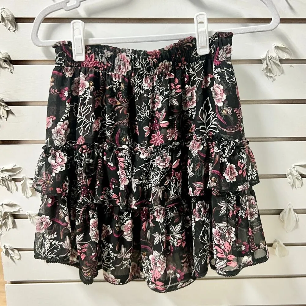 MISA Los Angeles Ceria Pull On Ruffle Tiered Mini Skirt Black Fuchsia Floral M - Image 2