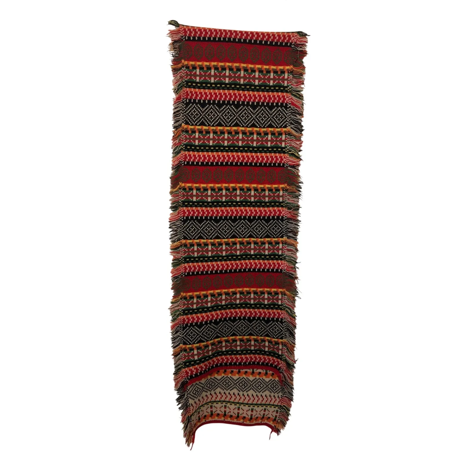 Knit Scarf Faire Isle Fringe Color Block Geometric Red Multi Reversable Long - Image 5