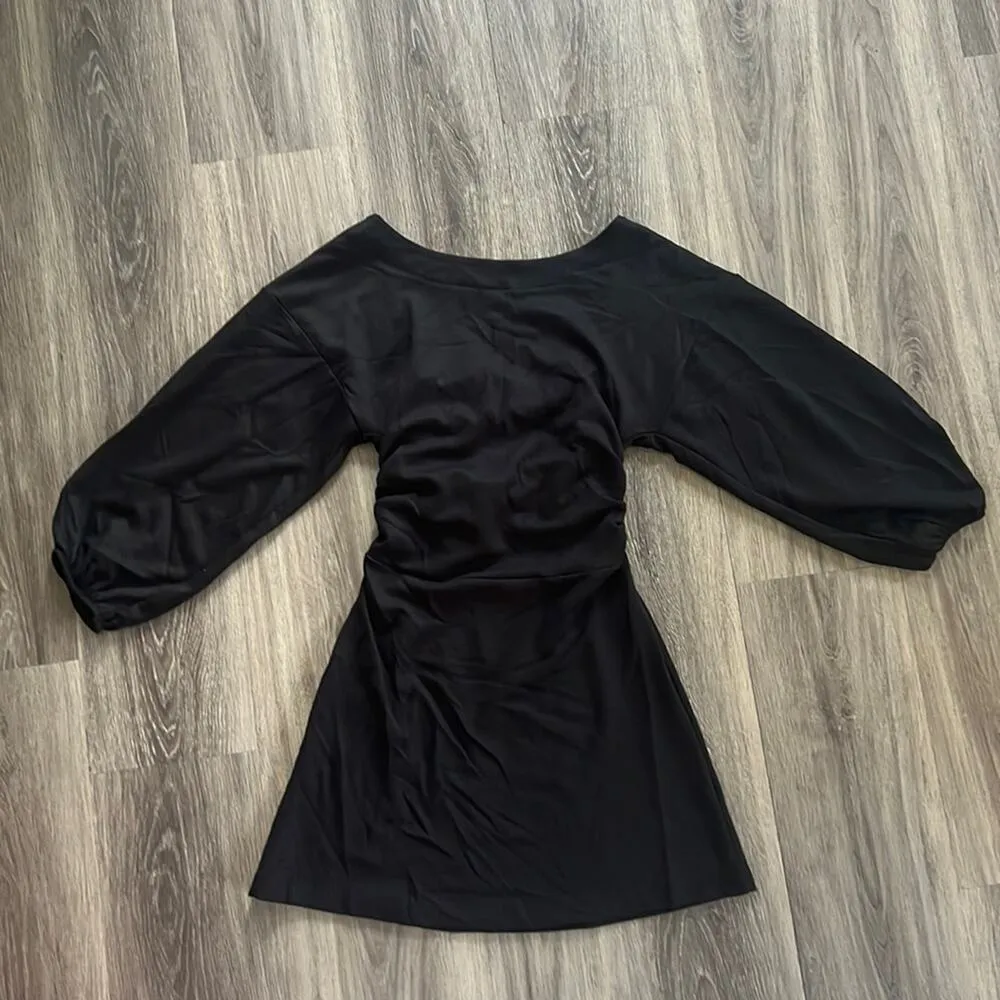 Free people Biana Black Mini Dress Knit Lace-up Back XS 3/4 Balloon Sleeve - Image 2