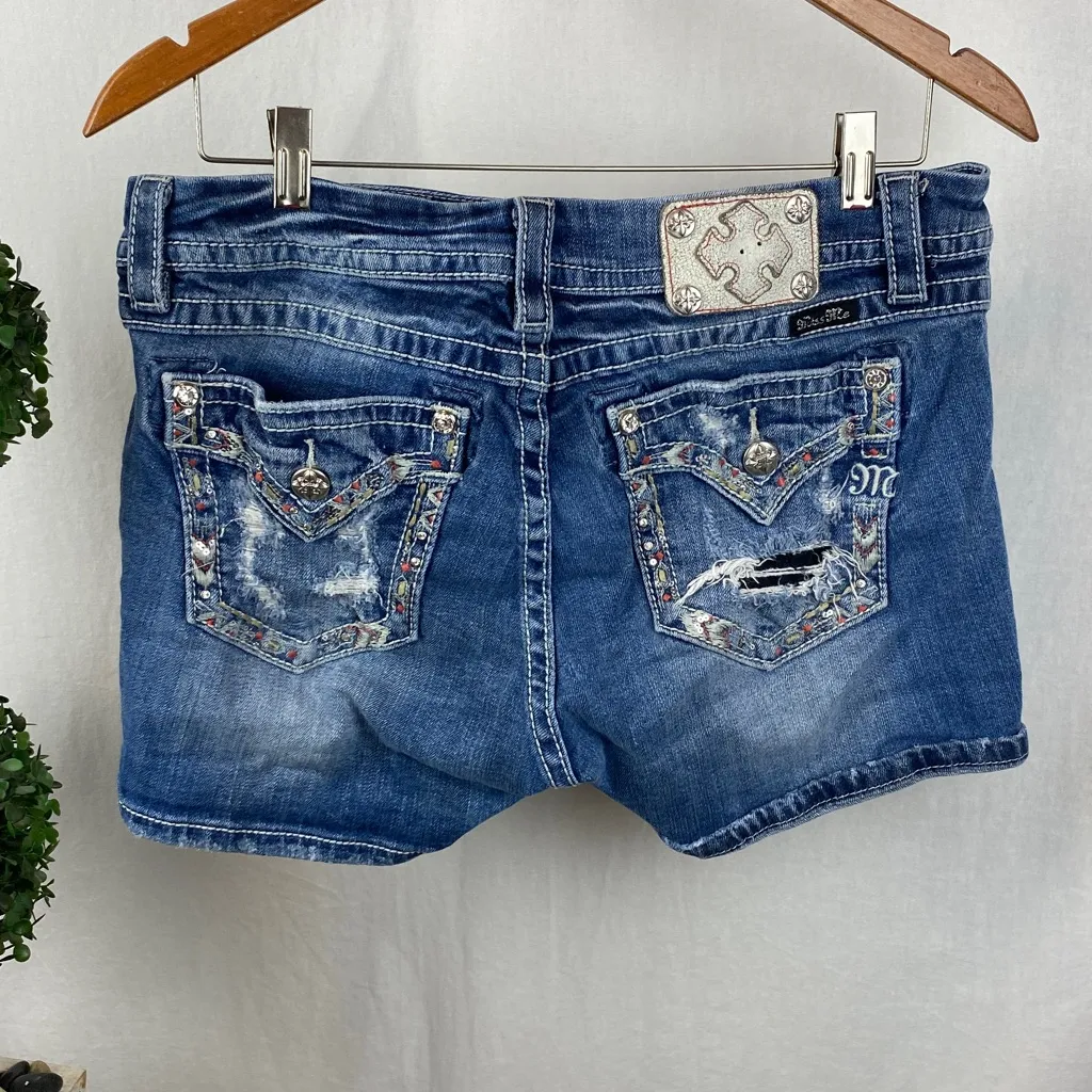 Miss Me Blue Denim Distressed Destroyed Embellished Mid Rise Curvy Shorts 31 - Image 2